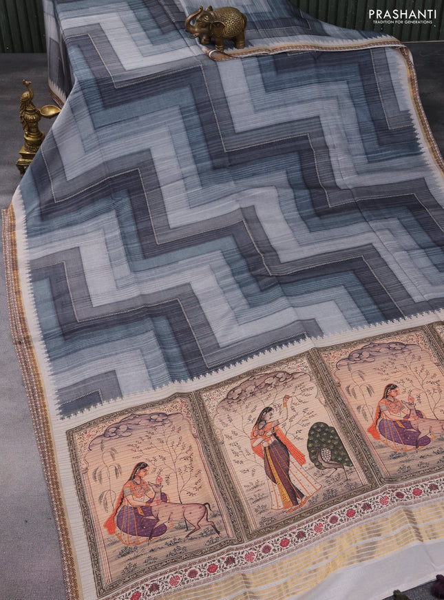 Semi tussar saree pastel green shade and beige with allover geometric saree and kalamkari printed pallu