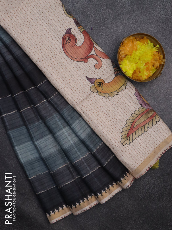 Semi tussar saree pastel green shade and beige with allover stripe parints and kalamkari printed pallu