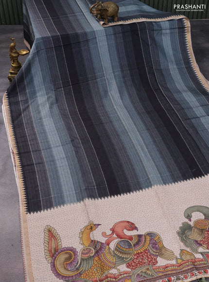 Semi tussar saree pastel green shade and beige with allover stripe parints and kalamkari printed pallu