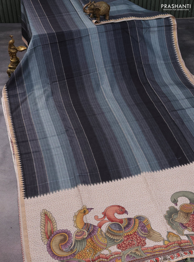 Semi tussar saree pastel green shade and beige with allover stripe parints and kalamkari printed pallu