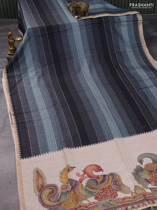 Semi tussar saree pastel green shade and beige with allover stripe parints and kalamkari printed pallu