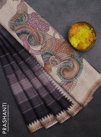 Semi tussar saree grey and beige with allover stripe parints and kalamkari printed pallu