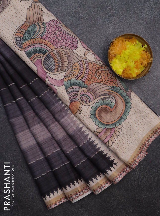Semi tussar saree grey and beige with allover stripe parints and kalamkari printed pallu