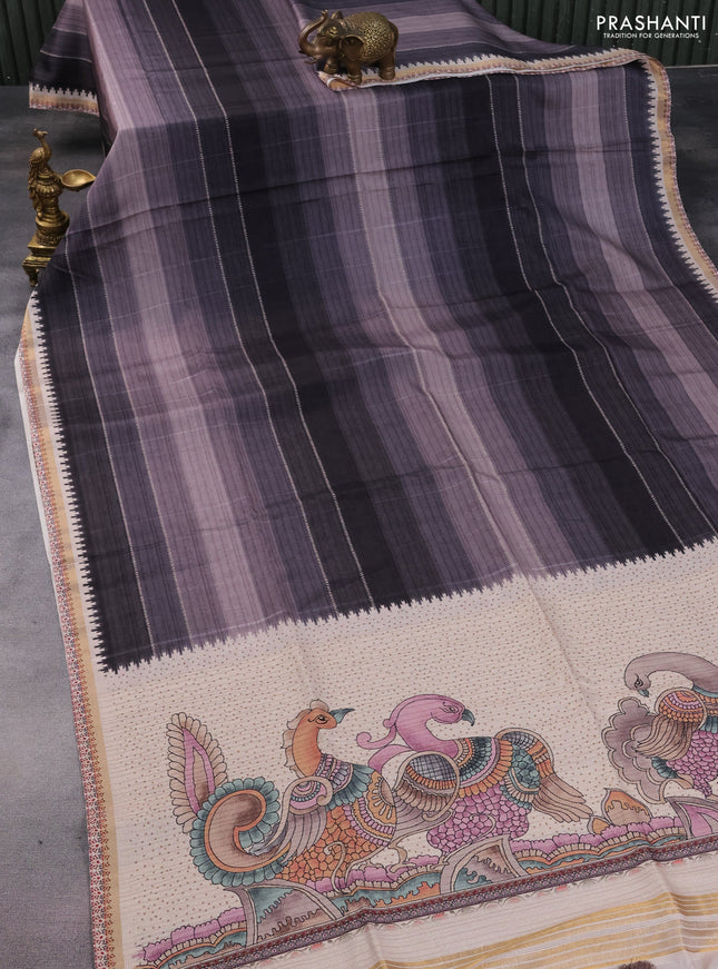 Semi tussar saree grey and beige with allover stripe parints and kalamkari printed pallu