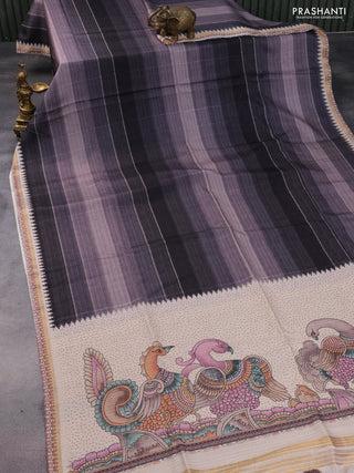 Semi tussar saree grey and beige with allover stripe parints and kalamkari printed pallu