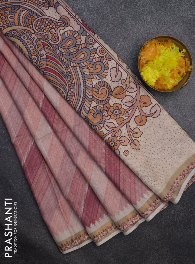 Semi tussar saree pastel peach and beige with allover zig zag saree and kalamkari printed pallu