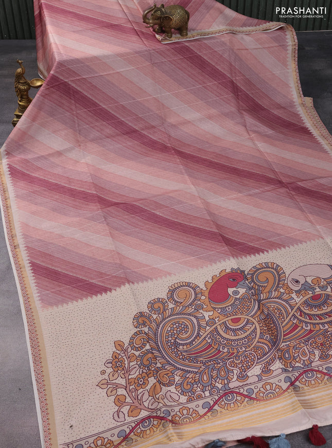 Semi tussar saree pastel peach and beige with allover zig zag saree and kalamkari printed pallu