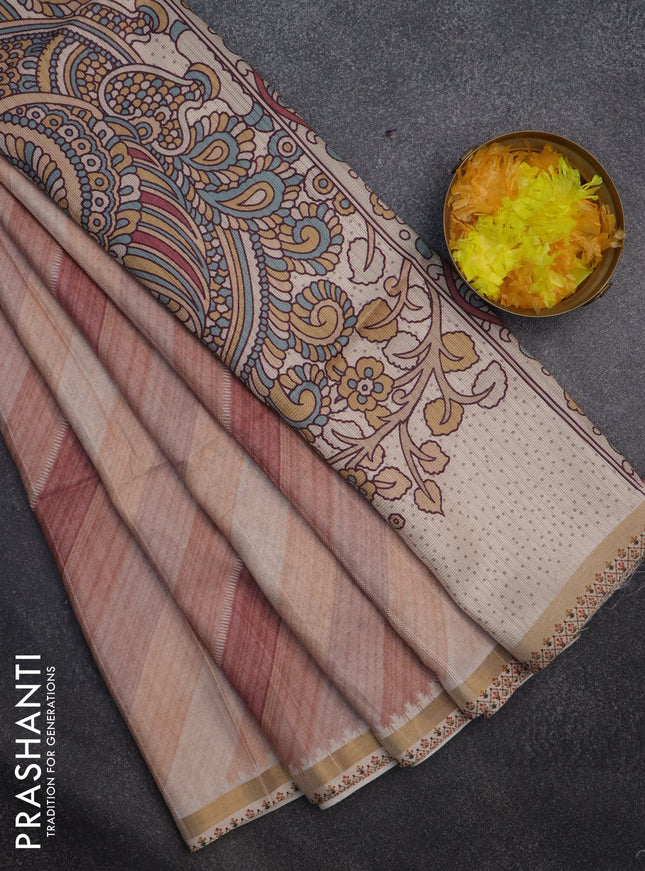 Semi tussar saree sandal and beige with allover zig zag saree and kalamkari printed pallu