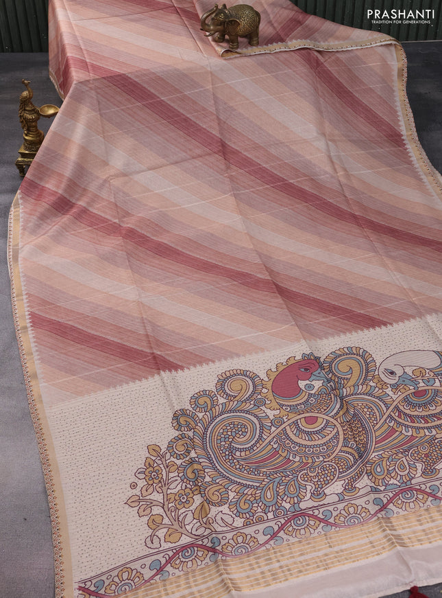 Semi tussar saree sandal and beige with allover zig zag saree and kalamkari printed pallu