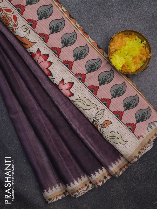 Semi tussar saree multi colour and wine shade beige with plain body and kalamkari printed pallu