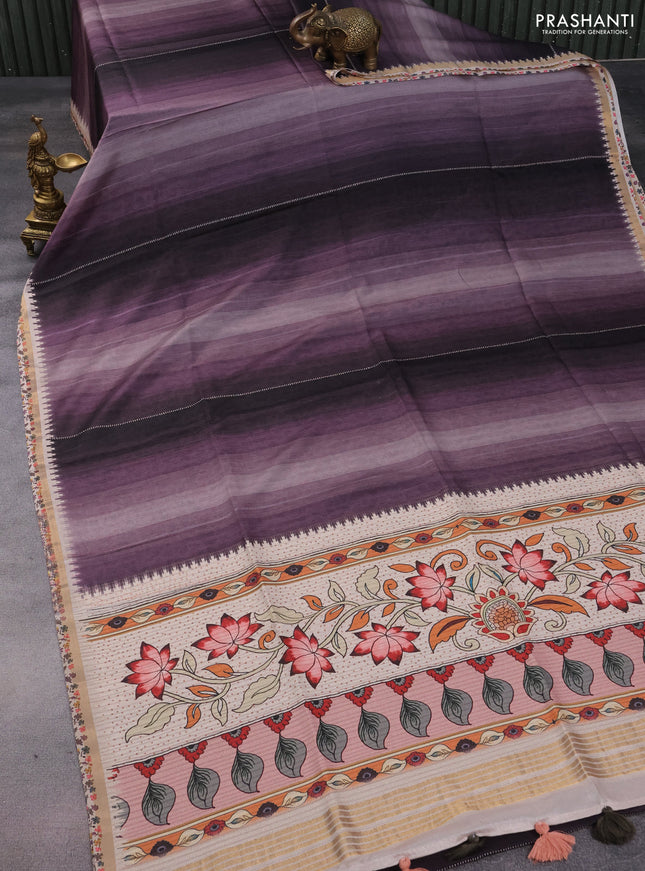 Semi tussar saree multi colour and wine shade beige with plain body and kalamkari printed pallu