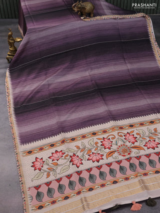 Semi tussar saree multi colour and wine shade beige with plain body and kalamkari printed pallu