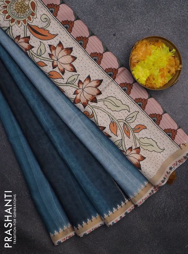 Semi tussar saree pastel blue and beige with plain body and kalamkari printed pallu