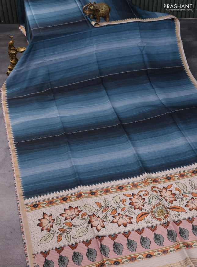 Semi tussar saree pastel blue and beige with plain body and kalamkari printed pallu
