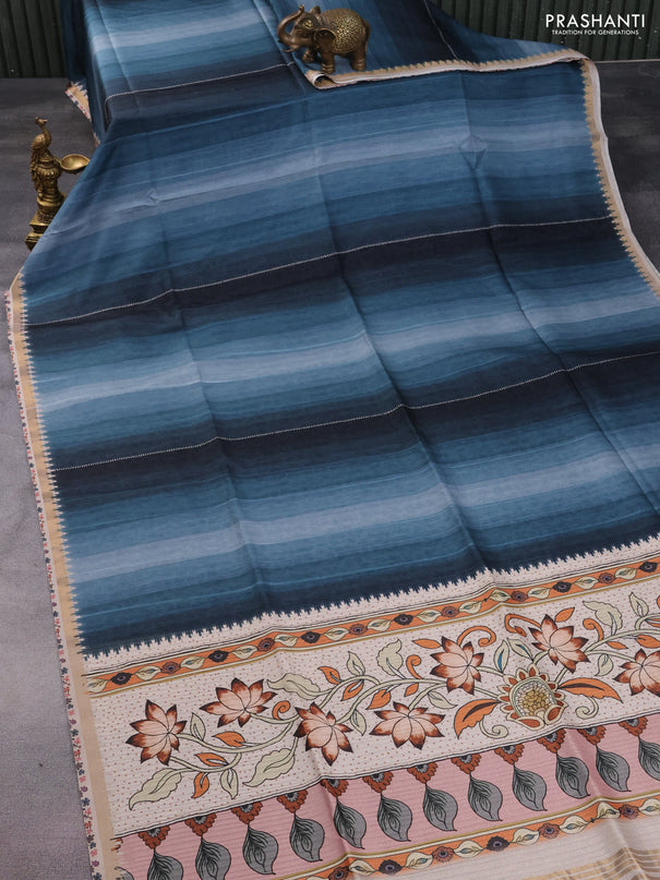 Semi tussar saree pastel blue and beige with plain body and kalamkari printed pallu