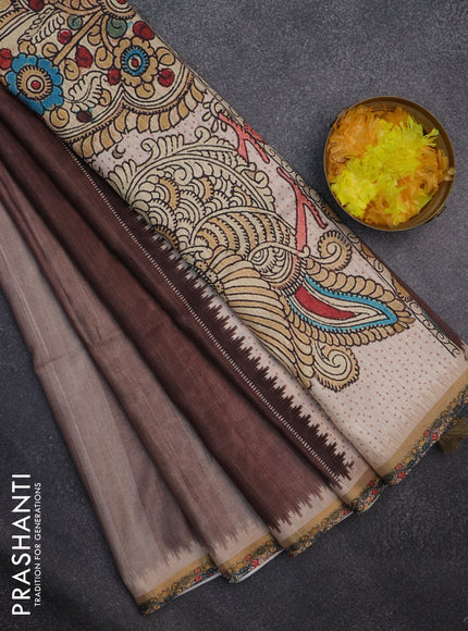 Semi tussar saree brown and beige with plain body and kalamkari printed pallu