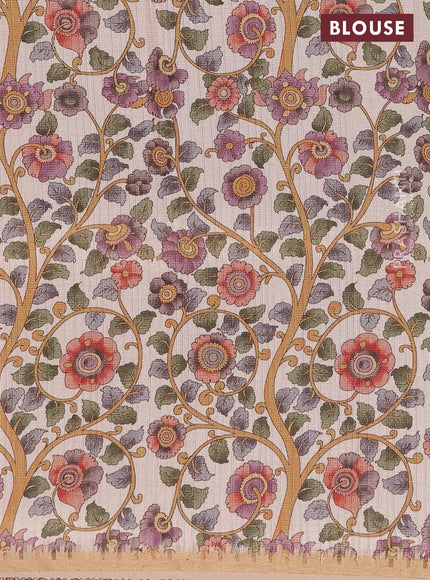 Semi tussar saree brown and beige with plain body and kalamkari printed pallu