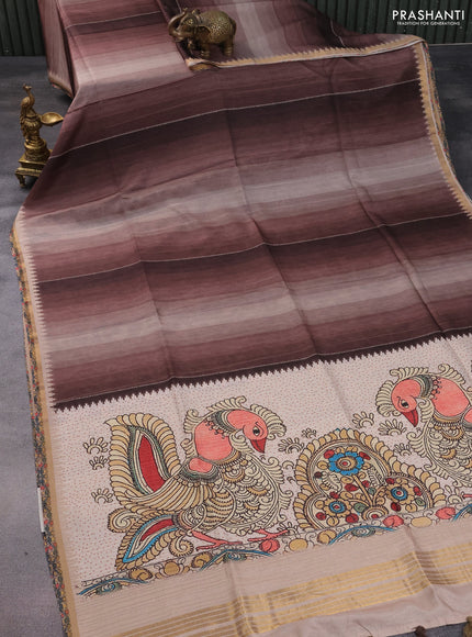 Semi tussar saree brown and beige with plain body and kalamkari printed pallu