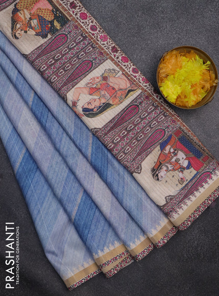 Semi tussar saree blue shade and cream with allover zig zag saree and kalamkari printed pallu