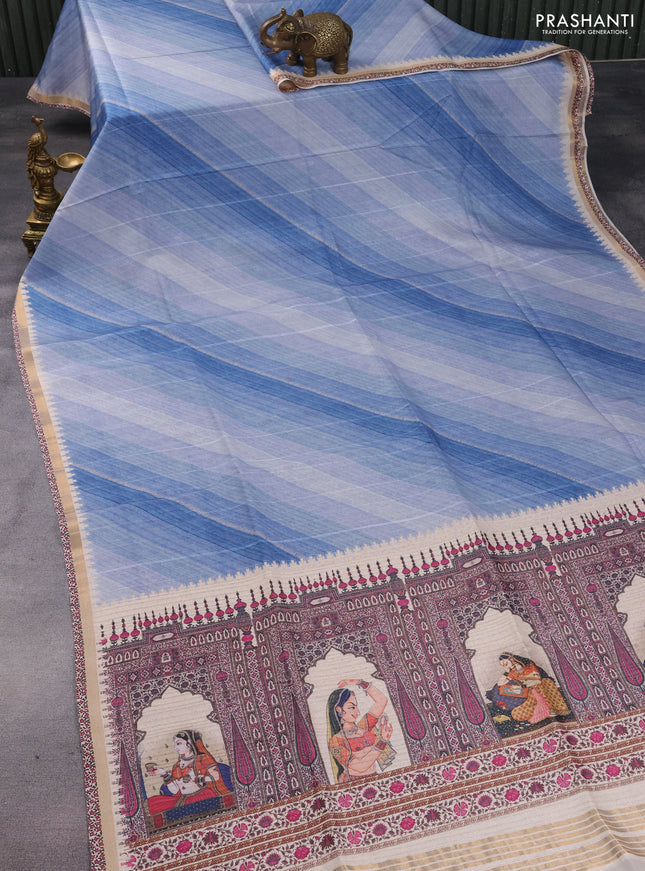 Semi tussar saree blue shade and cream with allover zig zag saree and kalamkari printed pallu