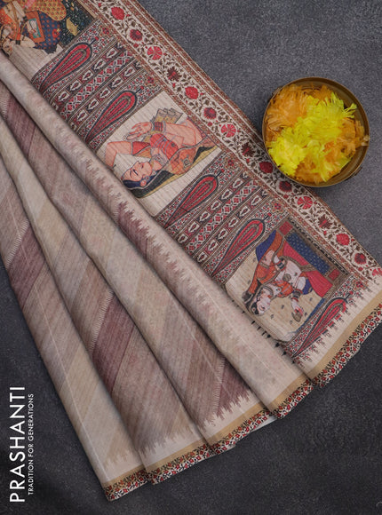 Semi tussar saree beige and cream with allover zig zag saree and kalamkari printed pallu