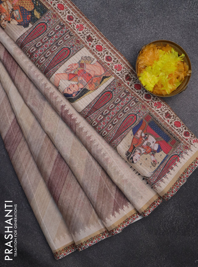 Semi tussar saree beige and cream with allover zig zag saree and kalamkari printed pallu