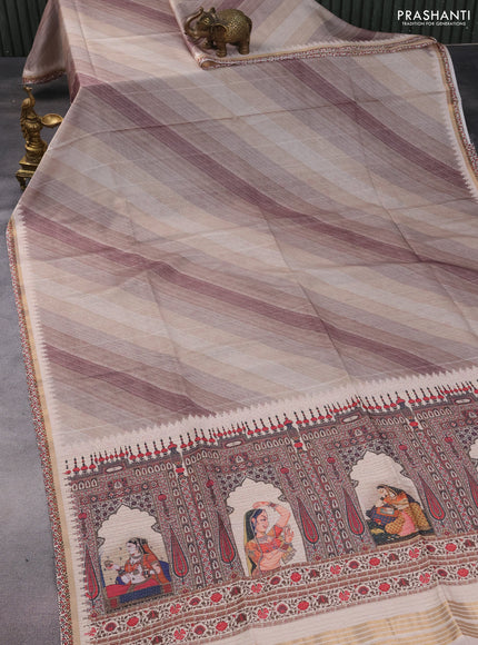 Semi tussar saree beige and cream with allover zig zag saree and kalamkari printed pallu