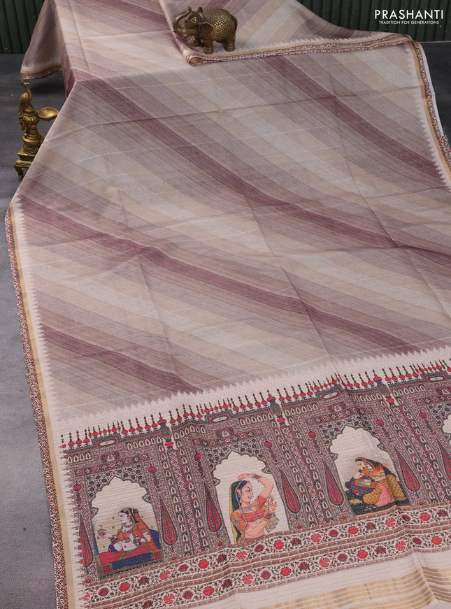 Semi tussar saree beige and cream with allover zig zag saree and kalamkari printed pallu