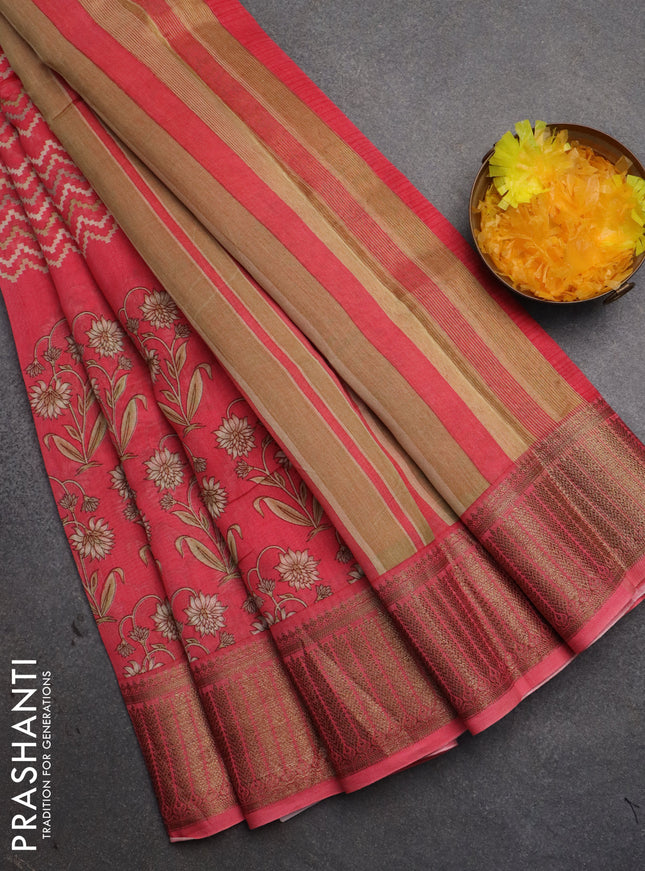 Chanderi silk cotton saree peach pink with allover zig zag prints and banarasi style border