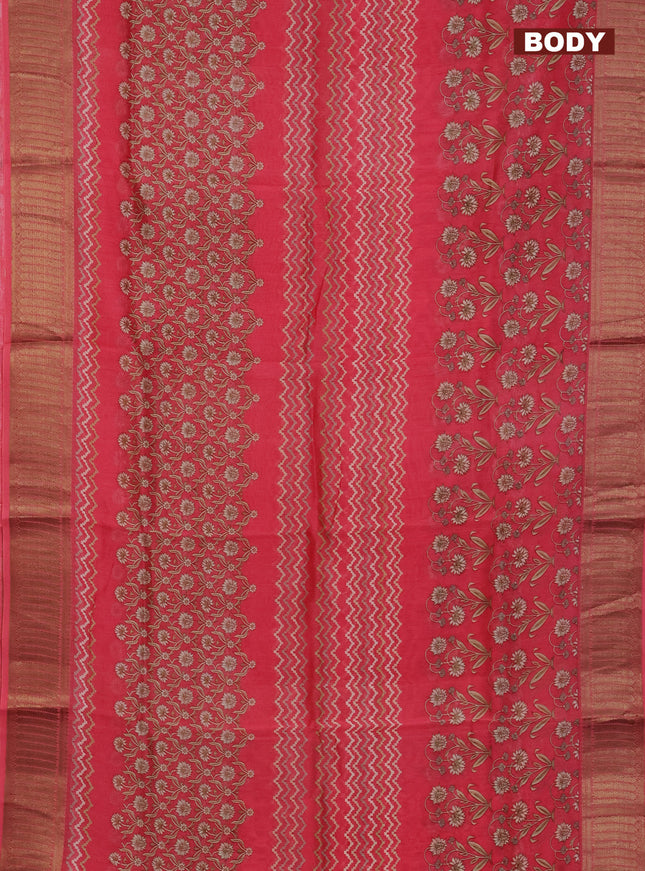Chanderi silk cotton saree peach pink with allover zig zag prints and banarasi style border
