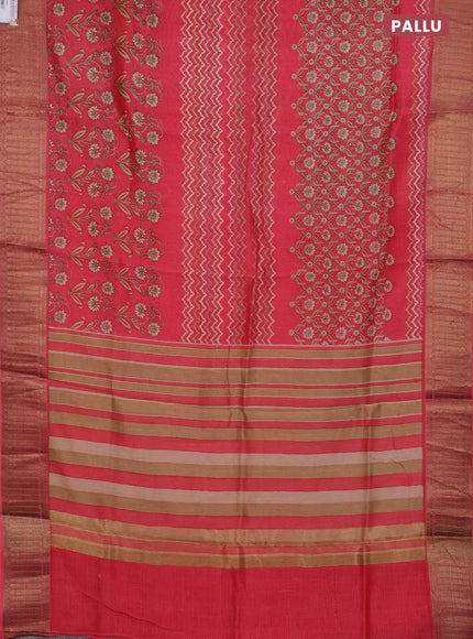 Chanderi silk cotton saree peach pink with allover zig zag prints and banarasi style border