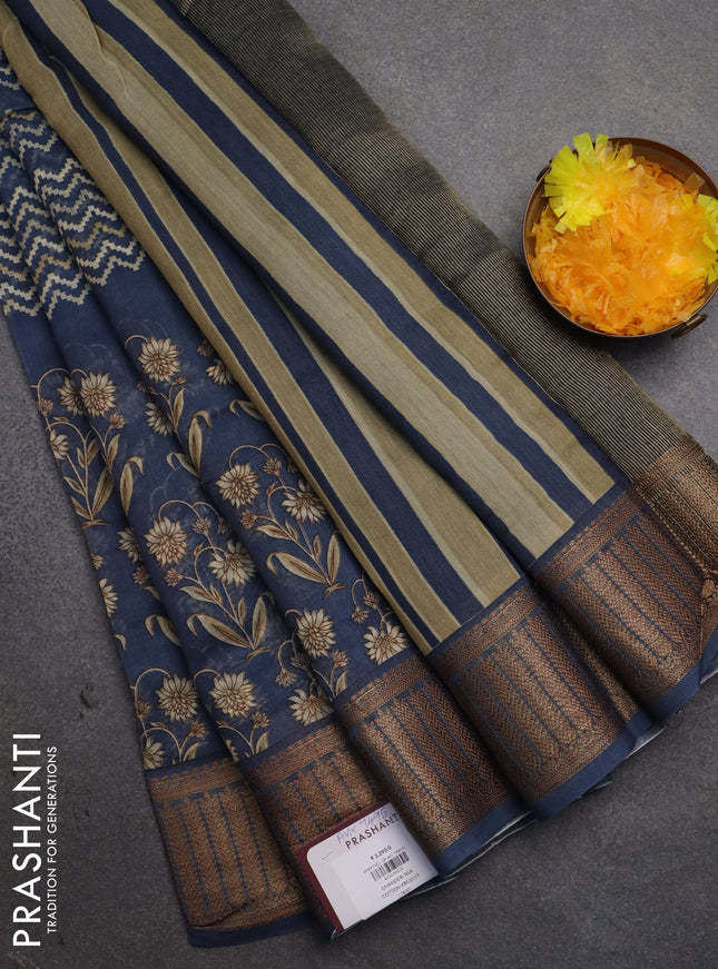Chanderi silk cotton saree navy blue with allover zig zag prints and banarasi style border