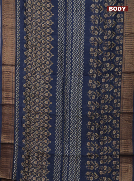 Chanderi silk cotton saree navy blue with allover zig zag prints and banarasi style border