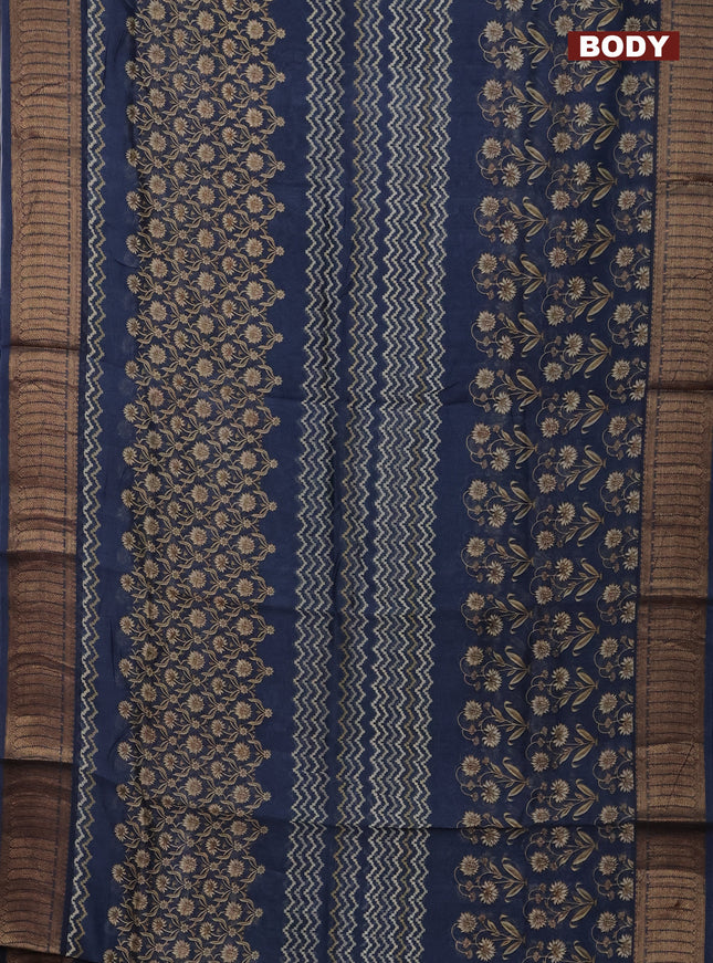 Chanderi silk cotton saree navy blue with allover zig zag prints and banarasi style border