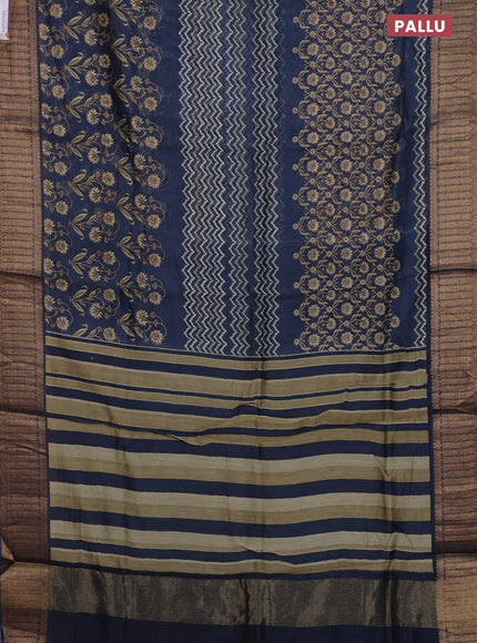 Chanderi silk cotton saree navy blue with allover zig zag prints and banarasi style border