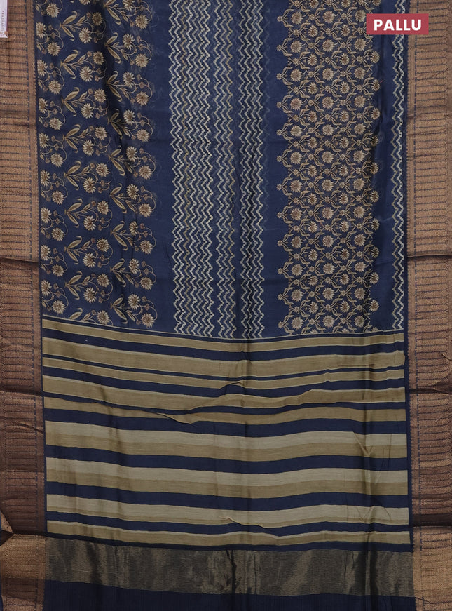 Chanderi silk cotton saree navy blue with allover zig zag prints and banarasi style border