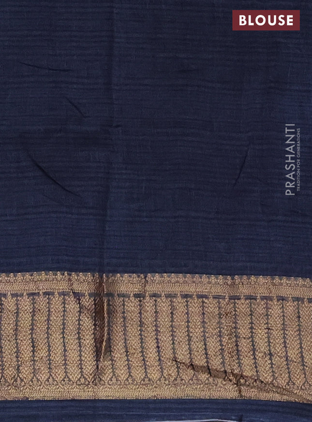 Chanderi silk cotton saree navy blue with allover zig zag prints and banarasi style border