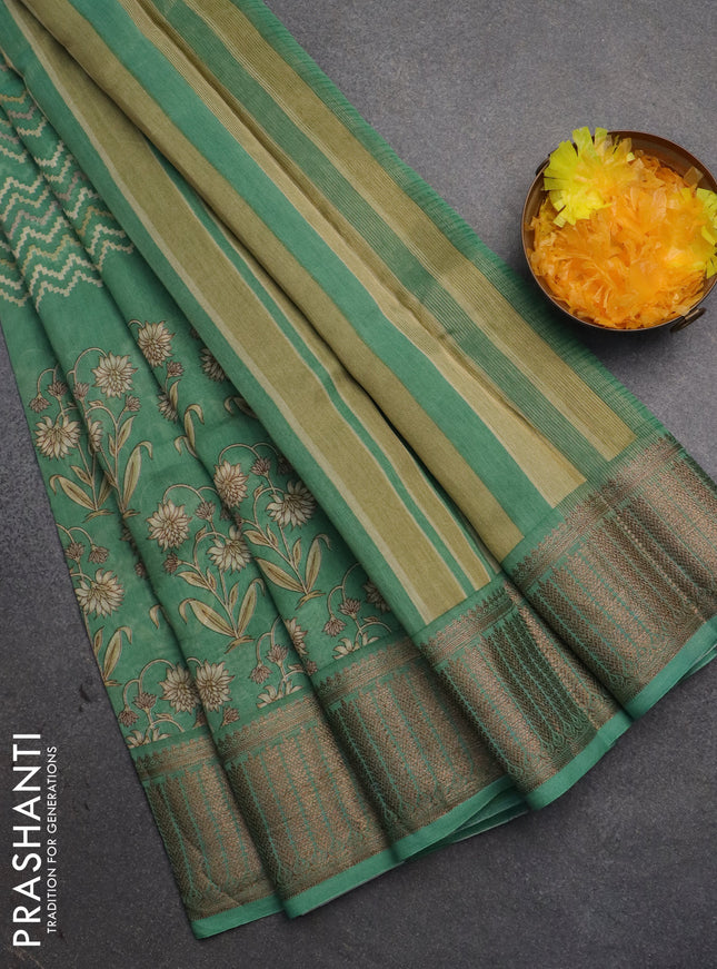 Chanderi silk cotton saree pastel green shade with allover zig zag prints and banarasi style border