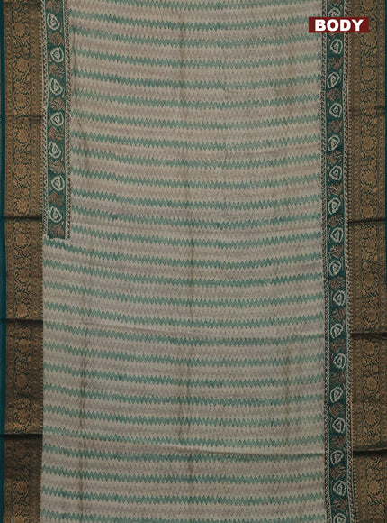 Chanderi silk cotton saree cream and teal green with allover zig zag prints and printed banarasi style border