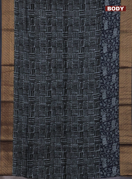 Chanderi silk cotton saree drak navy blue and grey with allover geometric prints and pichwai printed banarasi style border