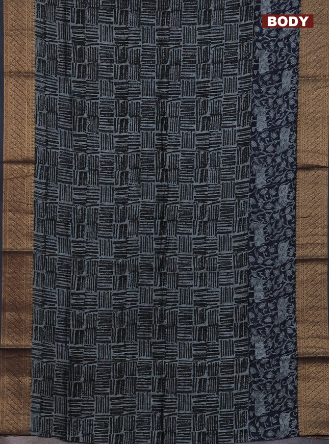 Chanderi silk cotton saree drak navy blue and grey with allover geometric prints and pichwai printed banarasi style border