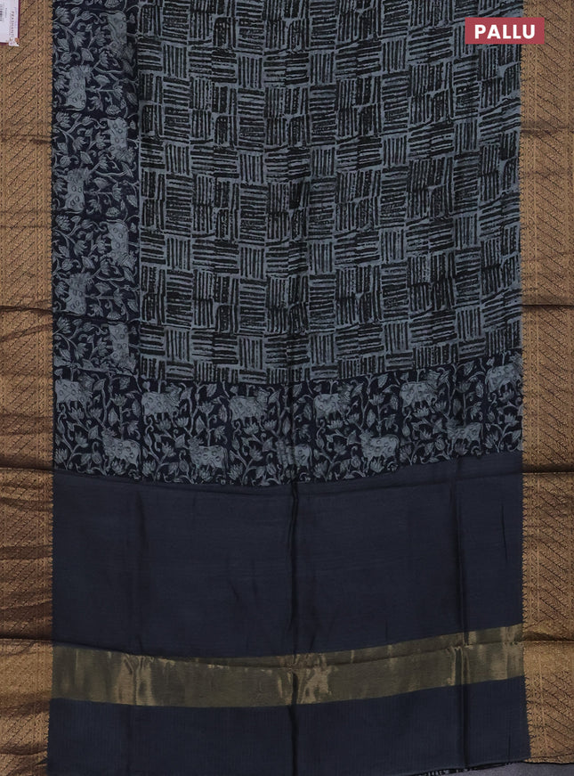 Chanderi silk cotton saree drak navy blue and grey with allover geometric prints and pichwai printed banarasi style border