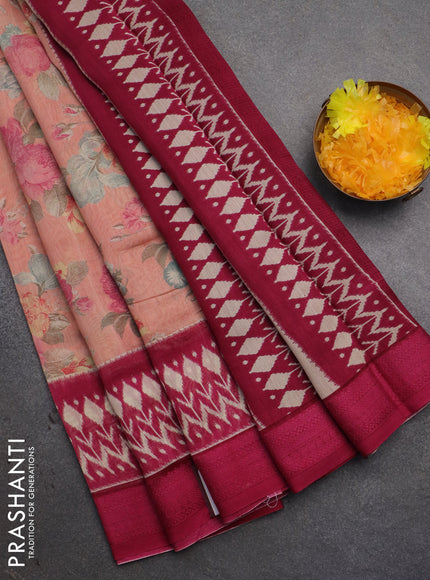 Chanderi silk cotton saree pastel peach and dark pink with allover floral prints and ikat printed border