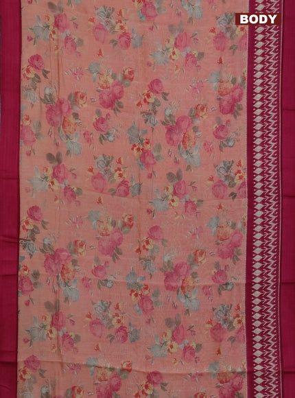 Chanderi silk cotton saree pastel peach and dark pink with allover floral prints and ikat printed border