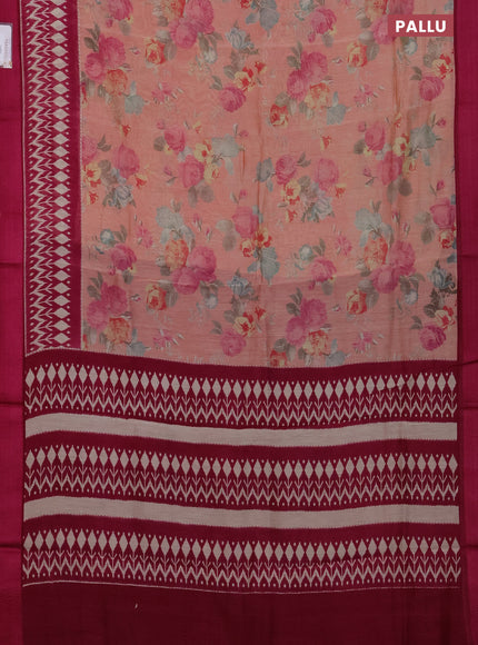 Chanderi silk cotton saree pastel peach and dark pink with allover floral prints and ikat printed border