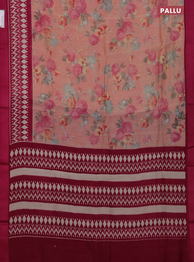 Chanderi silk cotton saree pastel peach and dark pink with allover floral prints and ikat printed border