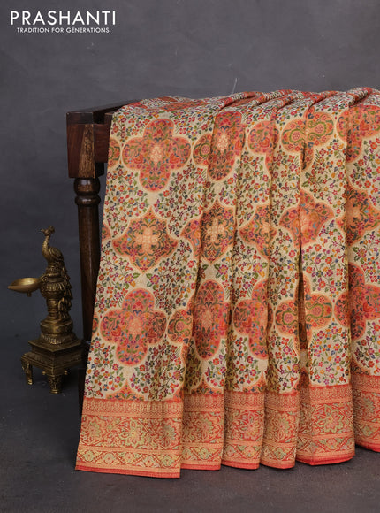 Banarasi silk saree beige and maroon with allover position prints and printed border