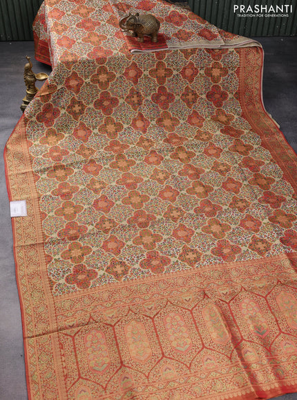 Banarasi silk saree beige and maroon with allover position prints and printed border