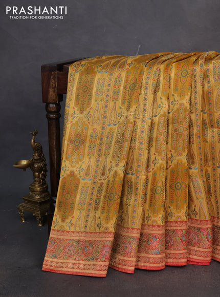 Banarasi silk saree mustard yellow and maroon with allover position prints and printed border