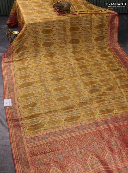 Banarasi silk saree mustard yellow and maroon with allover position prints and printed border